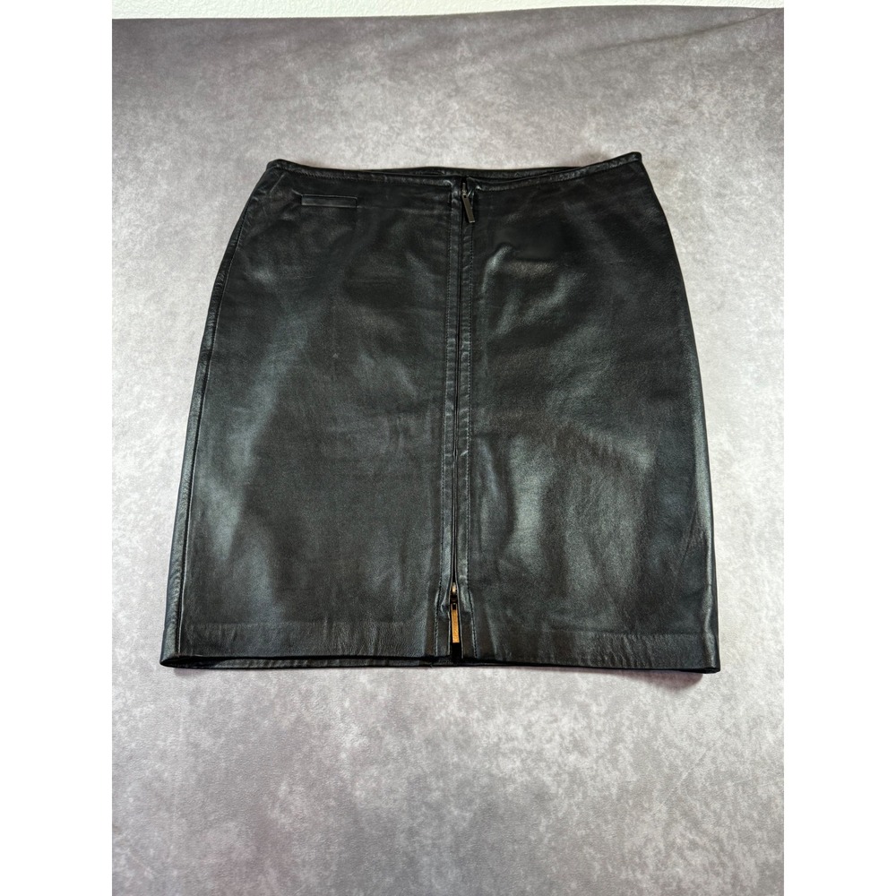 Express Womens Black Genuine Leather Mini Skirt Front Zip Size 11/12 Vintage